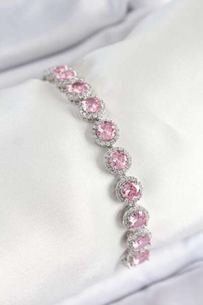 Skygo سوار نسائي من النحاس الوردي بحجر الزركون على شكل دائرة باجيت موديل فضي ...