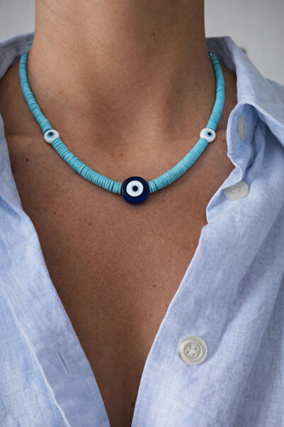 Markiz Takı قلادة فيمو مورانو زجاجية باللون الأزرق الفاتح 45 سم + 5 سم