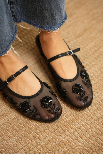 diclepolat حذاء باليه نسائي من الشبك الأسود مزين بالترتر اللامع من ماركة روميا