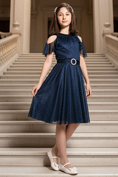 SUBU TASARIM Rochie De Seara Copii Tulle Sclipitoare Albastru Marin Mdv310