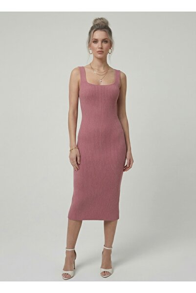Neden Tekstil Premium Fit Square Neck Corded Fabric Knitwear Midi Dress