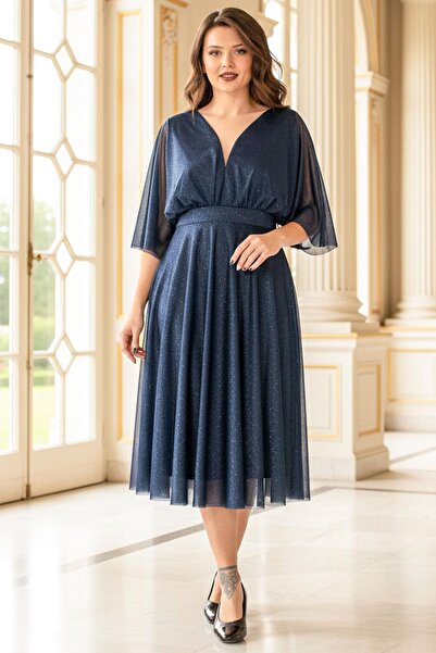 SUBU TASARIM Вечерна рокля от тюл с блясък в тъмносиньо TBS902