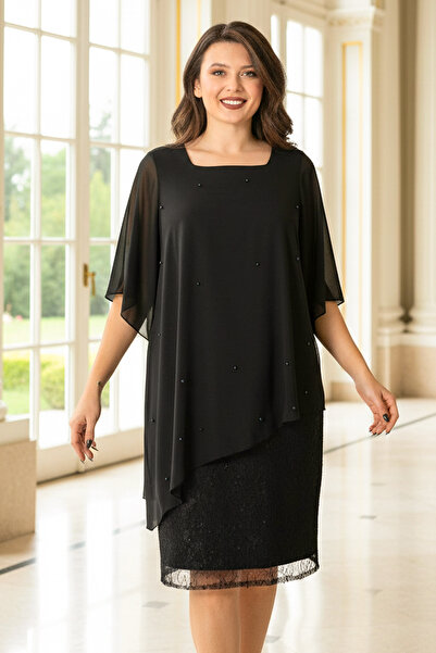 SUBU TASARIM Черна вечерна рокля от перлен шифон FHM908