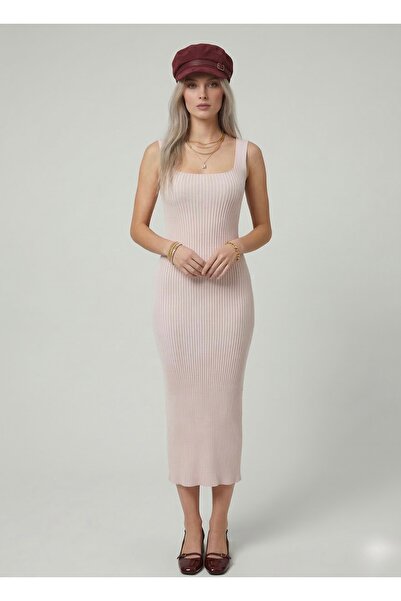 Neden Tekstil Premium Fit Square Neck Corded Fabric Knitwear Midi Dress