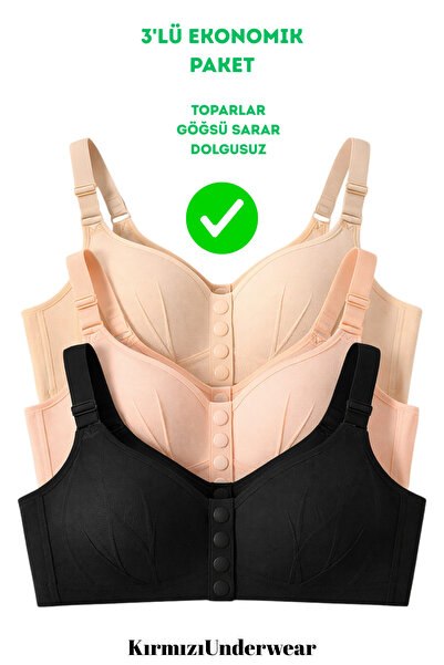 Kırmızı Kadın Çıtçıtlı Dolgusuz Toparlayıcı Nefes Alan 3'lü Sütyen Takımı – G...