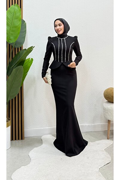 modadeywearst Special Design Stone Embellished Peplum Hijab Evening Dress
