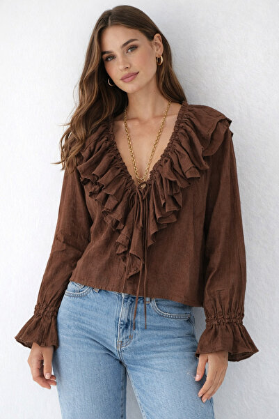 DİMA بلوزة بأكمام طويلة مع ياقة وأكمام مكشكشة