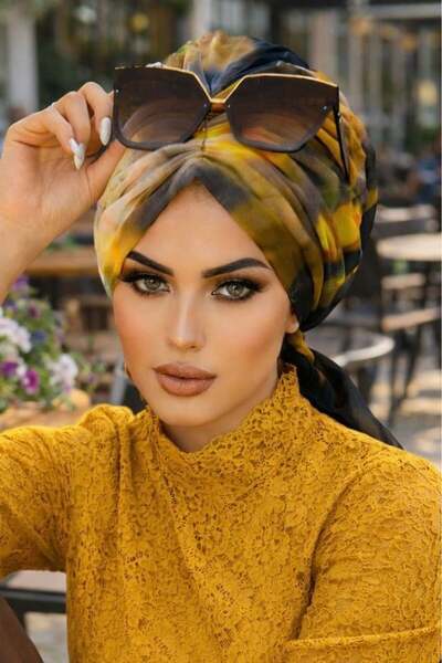 Aişe tesettür بونيه بإبزيم بنمط التبخير الأسود الخردلي