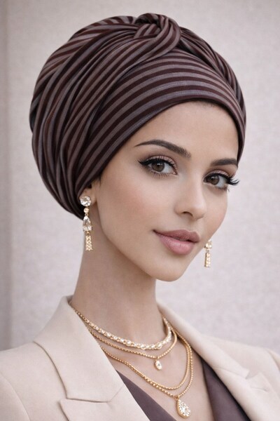 Aişe tesettür بونيه مخطط بلون الأنثراسيت مع تفاصيل ملتوية