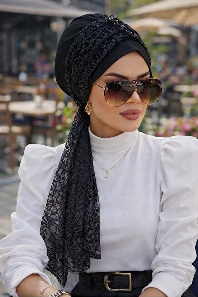 Aişe tesettür Μαύρο μπονέ με δαντέλα και φουλάρι