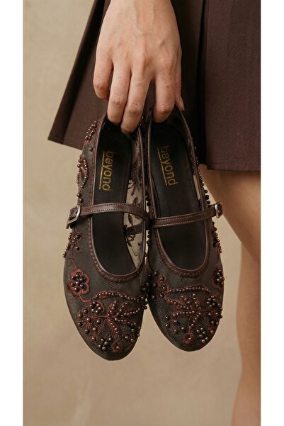 Beyond Women's Brown Embroidered and Beaded Detailed Stylish Ballerinas 1cm B...