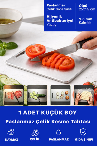 Just Art 1 Adet Paslanmaz Çelik Küçük Boy Mutfak Kesme Tahtası Et Sebze Doğra...
