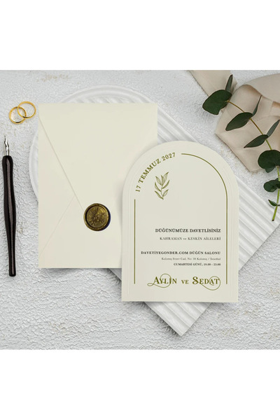 GNDR Mühürlü Krem Zarflı Dikey Düğün Davetiyesi - 1050