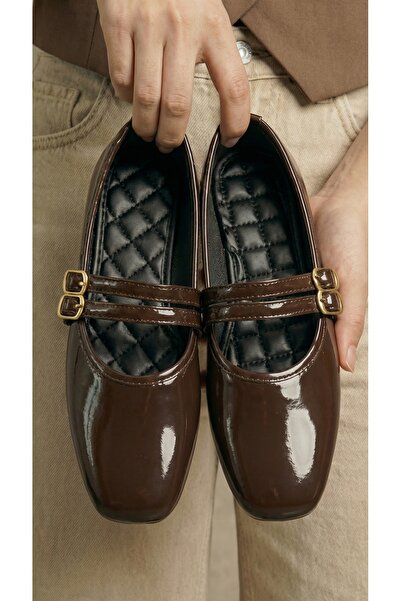 Beyond Women's Brown Double-Strapped Buckle Patent Leather Mary Jane Ballerin...