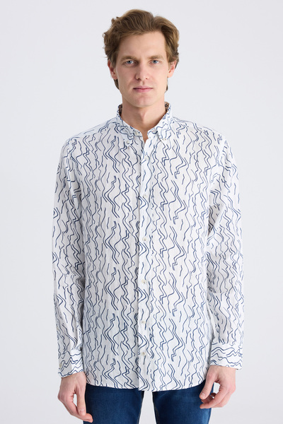 D'S Damat Ds Damat Comfort White Printed 100% Linen Shirt