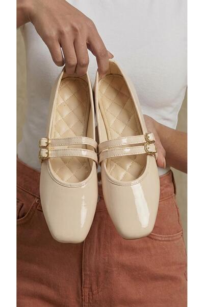 Beyond Γυναικείο Μπεζ Διπλό Λουράκι Με αγκράφα Λουστρίνι Mary Jane Μπαλαρίνα ...