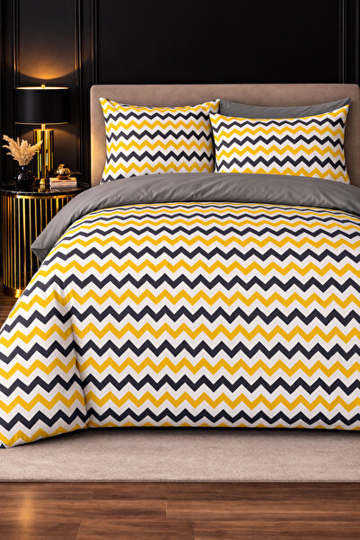 MORE HOME طقم غطاء لحاف مفرد مطاطي بتصميم متعرج باللونين الأصفر والرمادي