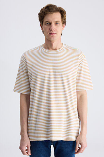 D'S Damat Ds Damat Βαμβακερό μπλουζάκι σε κανονική εφαρμογή, μπεζ με ρίγες