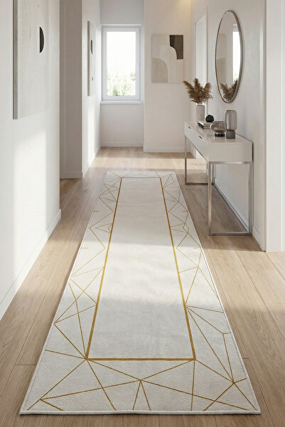 VOPTEKS Beyaz Gold Halı Yolluk Makinede Yıkanabilir Halı Kaymaz Taban Halı