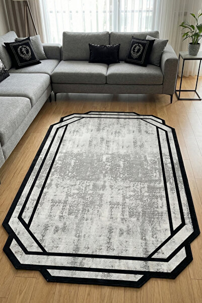VOPTEKS Lazer Kesim Halı Gri Siyah Halı Yıkanabilir Yatak Odası Halısı Salon ...