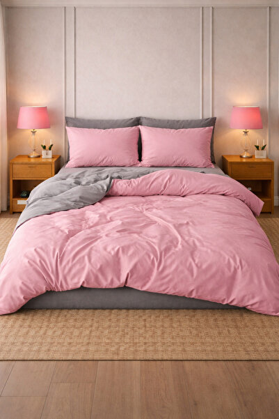 MORE HOME طقم غطاء لحاف مفرد من القماش المطاطي باللون الوردي والرمادي