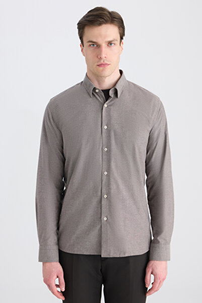 Twn Cămașă maro slim fit din țesătură Dobby