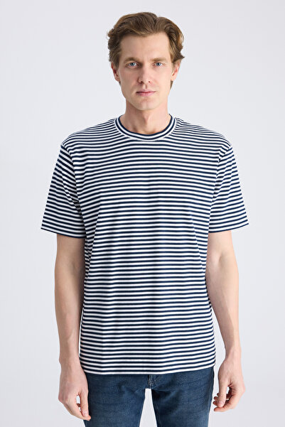 D'S Damat Ds Damat Regular Fit Navy Blue Striped Cotton T-Shirt