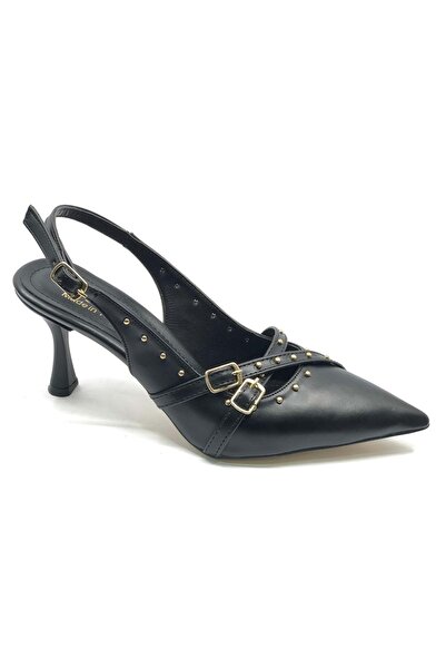 KCMN Mehtap Buckle Detail Open Back Stiletto Women's Heeled Shoes Black