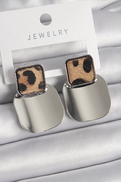 Skygo Brass Silver Color Square Plate Leopard Print Women's Earrings - Tj-Bkp...