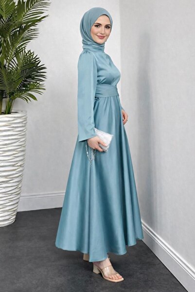 TRENDTESETTÜR KADIN MAVİ (AQUA) KUŞAKLI TESETTÜR ABİYE ELBİSE T 5016