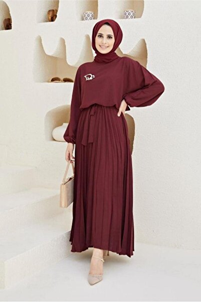 TRENDTESETTÜR KADIN BORDO ETEĞİ PİLELİ KUŞAKLI ELBİSE 80001