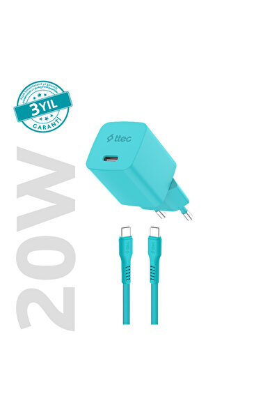 Ttec SmartCharger GAN 20W PD Seyahat Hızlı Şarj Aleti + USB-C - USB-C 3A Kabl...