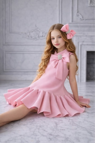 By Feyza Kids Collection By Feyza Kız Çocuk Pembe Kısa Pileli Elbise Taş Fiyo...