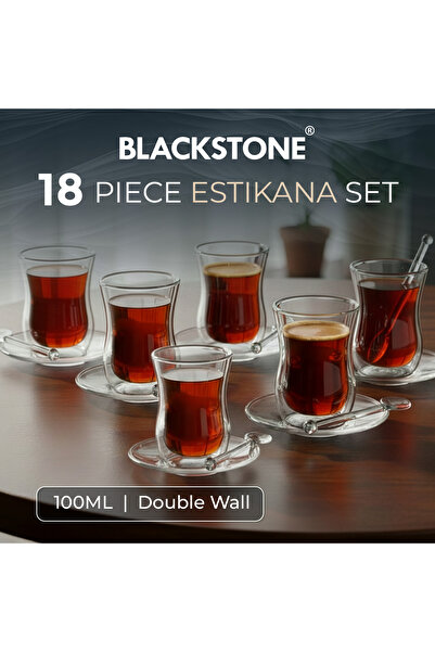 Blackstone طقم أكواب شاي إستيكانا مزدوجة الجدار مع صحون سعة 100 مل، أكواب قهو...