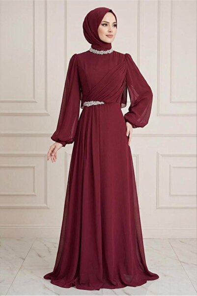 TRENDTESETTÜR KADIN BORDO TAŞ DETAYLI ŞİFON ABİYE ELBİSE T 6363