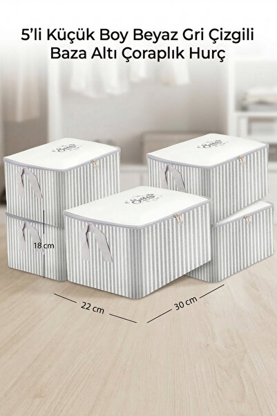 Textile sweet 5li Küçük Boy Beyaz Gri Çizgili Baza Altı Çoraplık Hurç30x22x18