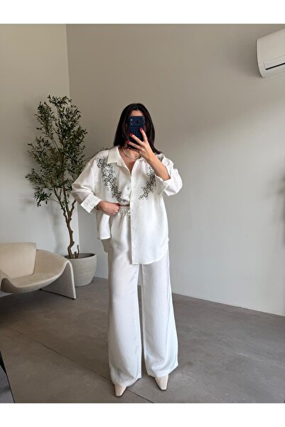 Bade Butik طقم مطرز بالخرز على شكل زهور بلون الإكرو