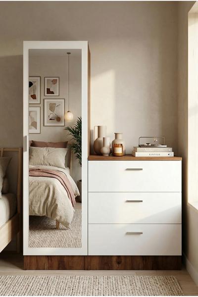 Robin Home Lyana Aynalı Şifonyer Gardırop Çam-beyaz