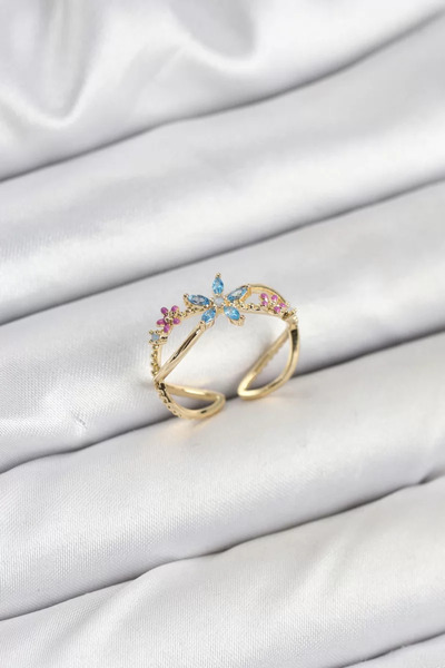 newar خاتم نسائي من الذهب الأصفر مرصع بحجر الزركون والزهور الزرقاء - TJ-BYK38...