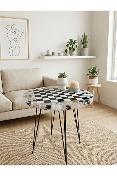 SHEKİLHOME Epoksi Siyah Beyaz Satranç Sehpası