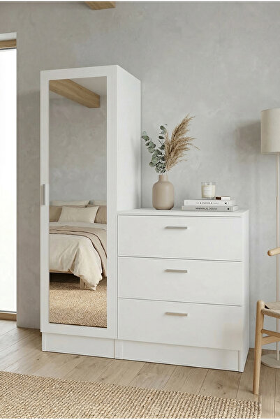 Robin Home Beyaz Lyana Aynalı 3 Çekmeceli Şifonyer Gardırop