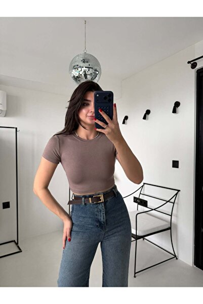 Bade Butik Vizon Likralı Esnek Leo Crop Tişört