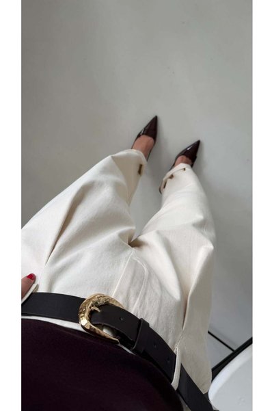 Bade Butik Cream Belt Pack Stretch Fabric Pants