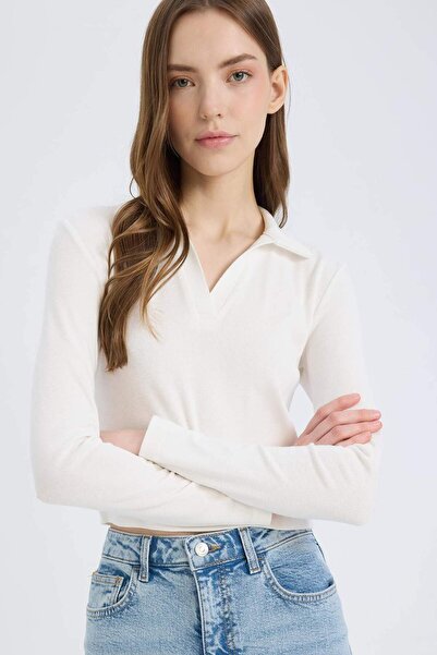 DeFacto Бяла тениска с дълъг ръкав и вталена поло яка, обикновена, от модал, ...