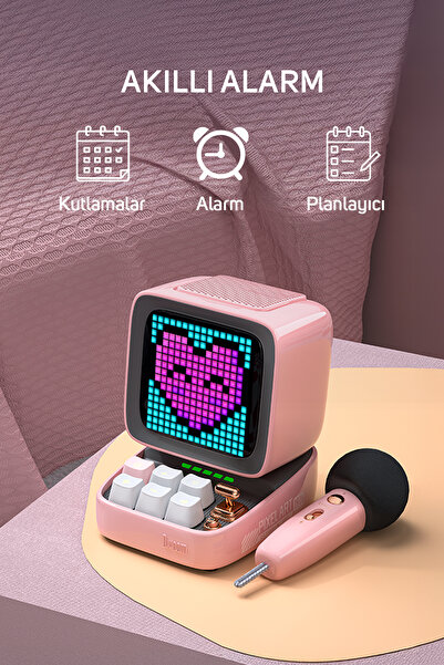 DIVOOM Ditoo 5-Mic Karaoke Mikrofonlu Uyarlanabilir Piksel Ekranlı Bluetooth Hoparlör, Pembe