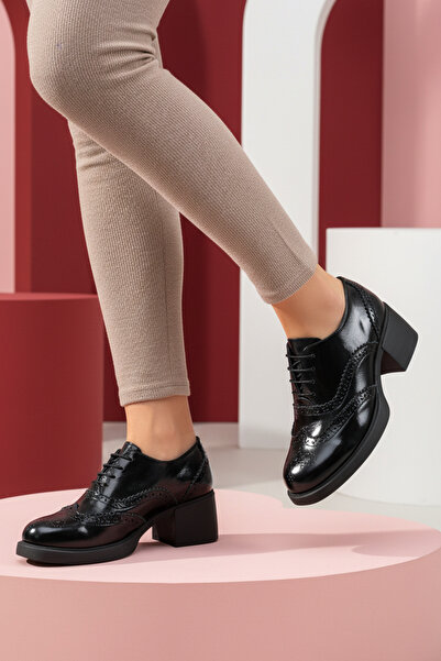 GRADA Siyah Rugan Hakiki Deri Kadın Topuklu Oxford Ayakkabı Bağcıklı Gerçek D...