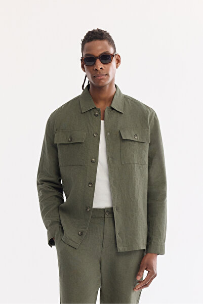 Avva Men's Khaki Classic Collar Breathable 100% Linen Comfort Fit Shirt Jacke...