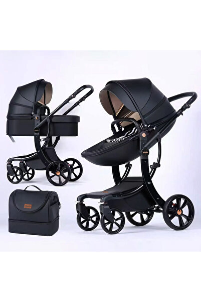 Ominii عربة أطفال فاخرة عالية الرؤية من الجلد، نظام سرير أطفال وعربة جلد ثنائ...