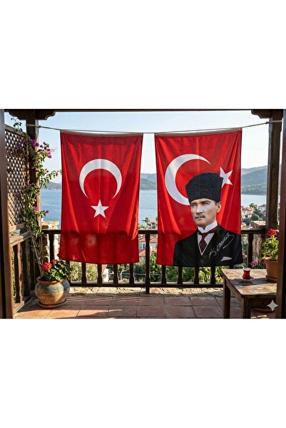 bayrakal Kalpaklı Atatürk Ve Türk Bayrağı 70x105cm. Ata Bayrak Ikili Bayrak