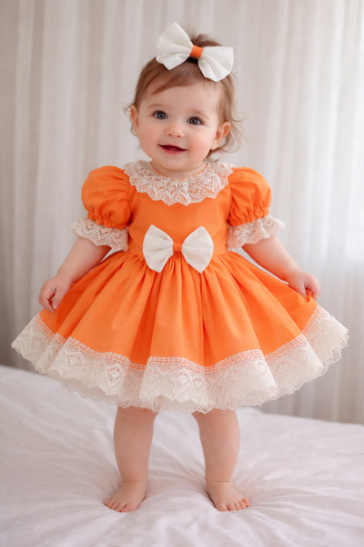 Queen tasarım Kız Bebek Turuncu Vintage Dantel Detaylı Fiyonklu Elbise